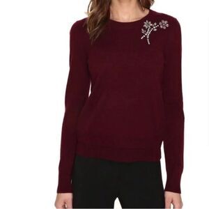 kate spade Burgundy Sweater with Embellished Crystal Floral Design
